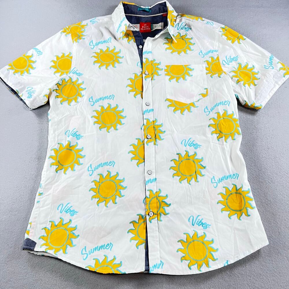 Free Planet Vacay Spirit Mens L Sun Summer Vibes Button Down Camp Shirt Cotton